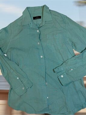 100% Linen Shirt Women’s 12 Aqua Green Long Sleeve Button Up Jim Thompson Luxe
